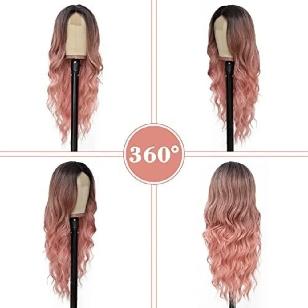Long‎ Wavy Ombre Pink Wig Dark Roots Synthetic Heat Resistant Layered Hair